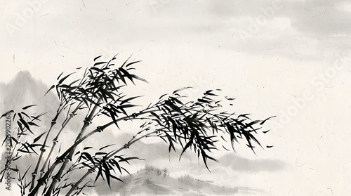 Elegant bamboo branches in traditional Chinese ink wash painting style on textured paper