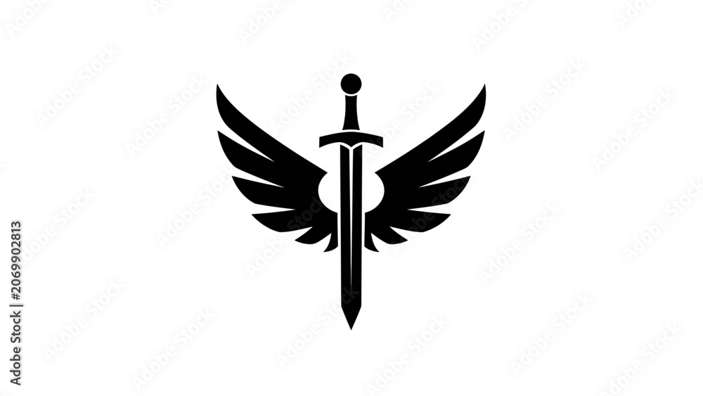 Fototapeta premium Elegant Silhouette of a Sword with Angelic Wings Symbolizing Power and Protection