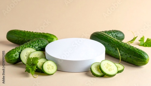 A still life of cucumbers, whole and sliced, arranged around a white cylindrical pedestal. Fresh greens and beige backdrop