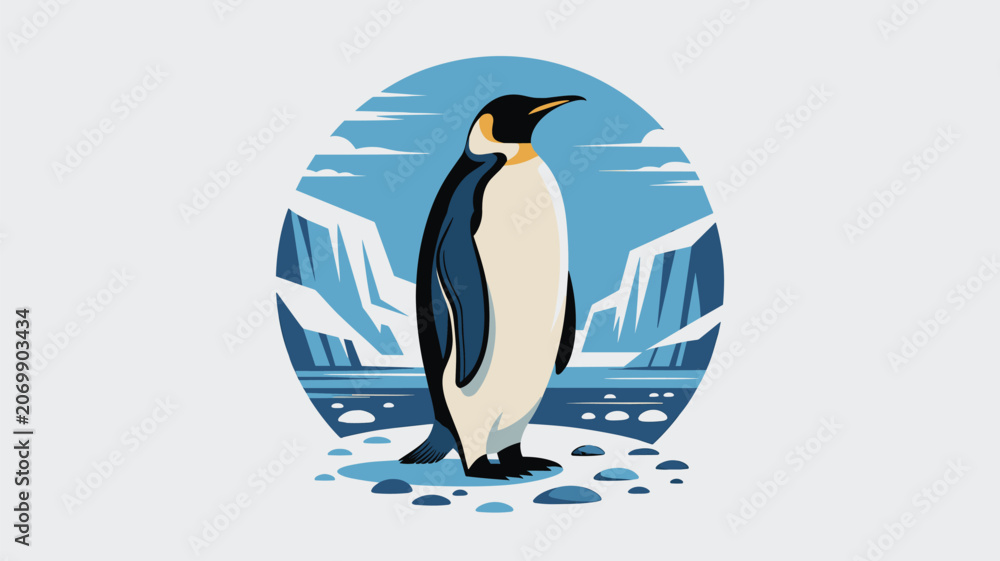 Obraz premium Emperor penguin stands majestically in a cold arctic landscape with icebergs and snowy mountains inside a circular blue frame.