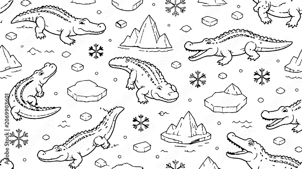 Fototapeta premium Repeating pattern of crocodiles and mountains in black and white.
