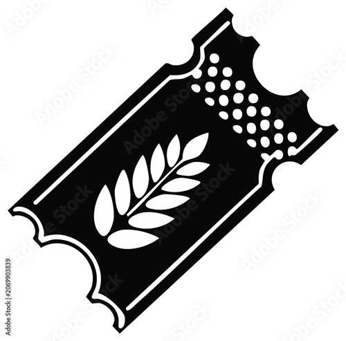 Black ticket with wheat sheaf illustration for event entry and celebration