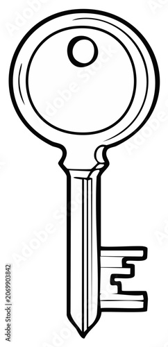Cartoon-style key illustration with outlined design, representing unlocking, access and security concepts.