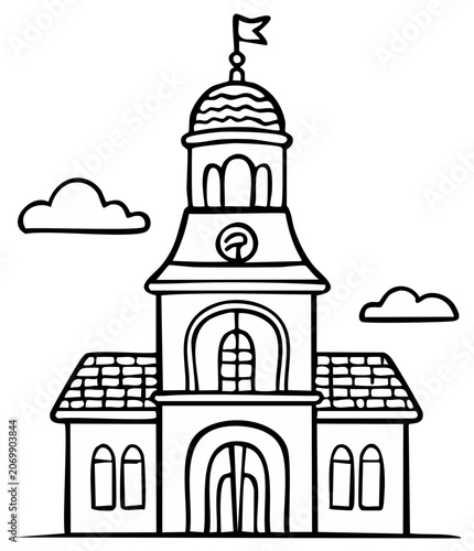Cartoon town hall building with clock tower, clouds and a flag