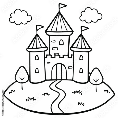 Whimsical Castle Illustration with Towers and Flags on a Hill