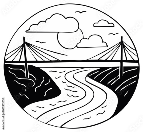 Abstract illustration of a bridge over a winding river with clouds and sun in a circular frame.