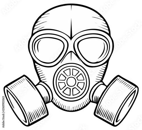 Classic gas mask illustration with two canisters and large eye lenses, monochrome outline drawing