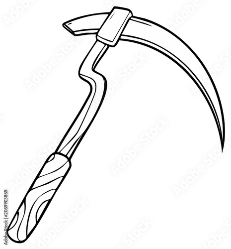 Outlined illustration of a scythe harvesting tool