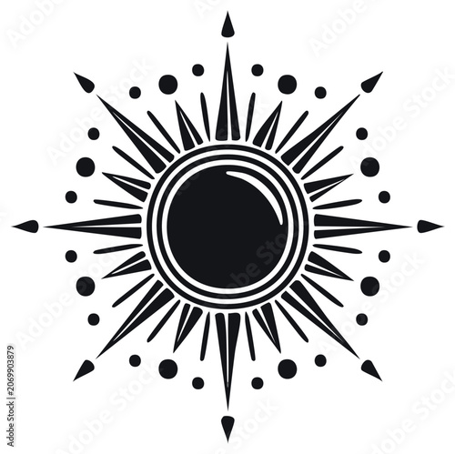 Celestial Burst Design Decorative Sun with Rays and Orbs Isolated Black and White