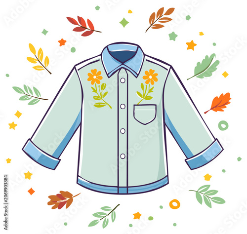 Light blue button down shirt with floral embroidery and autumn leaves