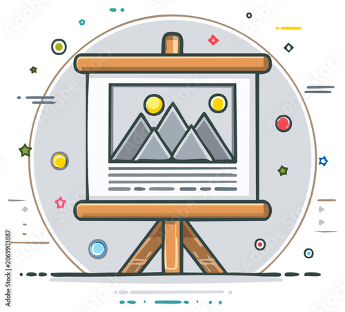 Wooden easel showing landscape vector illustration on the paper sheet. Mountains with sun and lines. Presentation stand with painted drawing.