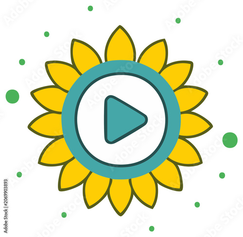 Cheerful yellow sunflower with a teal play button icon for video and multimedia content