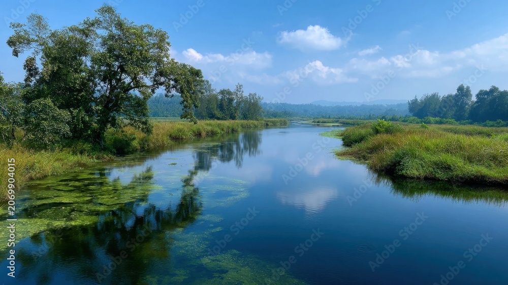 Obraz premium Serene Landscape of Tranquil River Surrounded by Lush Greenery and Blue Sky with Reflections in Calm Waters Under Bright Sunshine