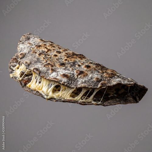Authentic Folded Oaxacan Tlayuda Tortilla Base with Melted Stretching Cheese on Grey Background. Includes copy space for text.