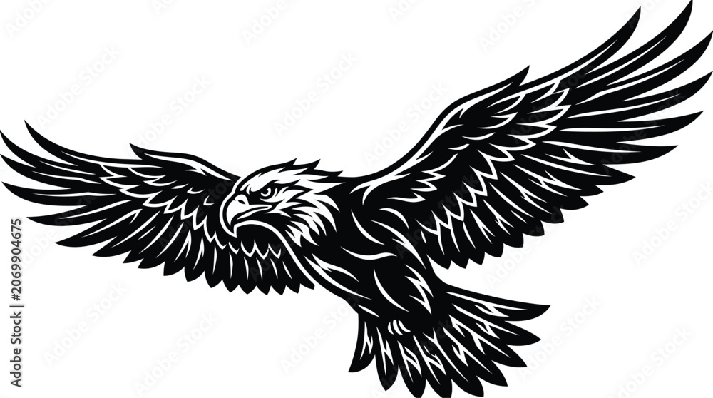 Fototapeta premium Black and white eagle vector, flying bird illustration, wildlife symbol, monochrome icon