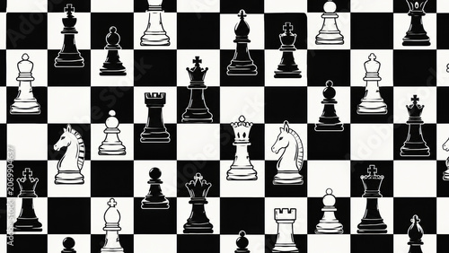 Black and white chess pieces arranged in a pattern on a checkered game board