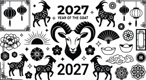 Tableau sur toile Vector illustration of 2027 Year of the Goat with goat head, lanterns, flowers and traditional Chinese design elements in black and white colors