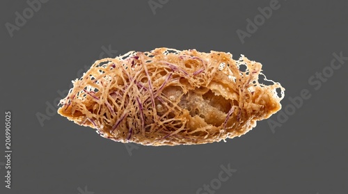 Crisp Golden Fried Taro Dumpling with Lacy Texture on Grey Background. Includes copy space for text.