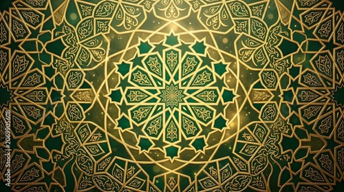 Elegant Gold Islamic Geometric Pattern on Emerald Green Background