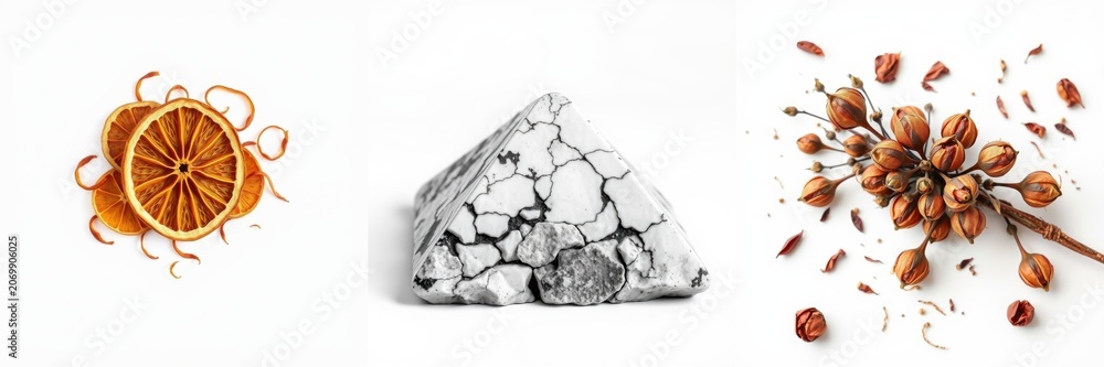Obraz premium Dried citrus slices, pyramid stone, seed pods displayed. Minimalist composition, neutral background, natural elements present.