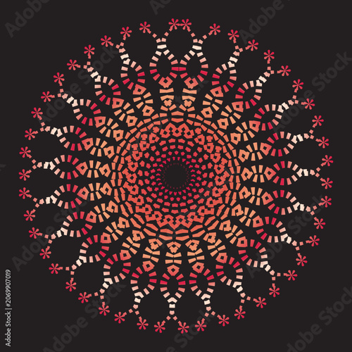 Floral mosaic mandala circle pattern with vibrant geometric symmetry.
