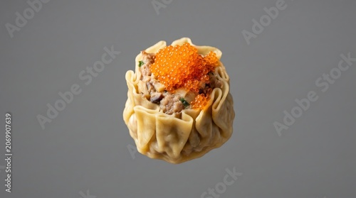 High Quality Macro Photo of Single Traditional Cantonese Shumai Dim Sum Dumpling. Grey Background.