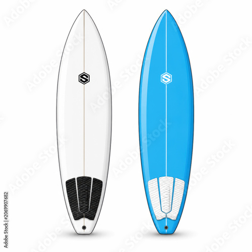 Two modern surfboard designs in white and blue colors for summer water sports
