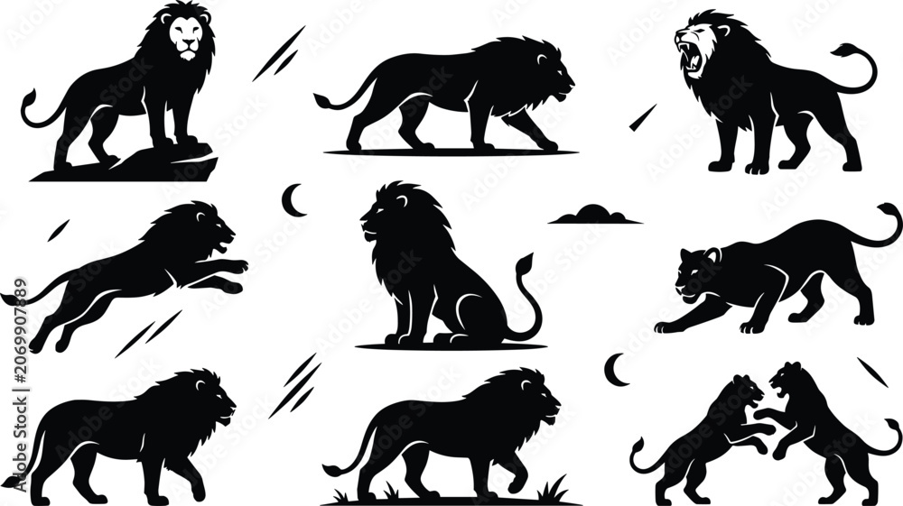 Fototapeta premium Black Lion Silhouette Vector Set with Wild African Animal Poses Roaring Jumping Prowling and Hunting for Logo Emblem Tattoos and Mascot Graphic Designs
