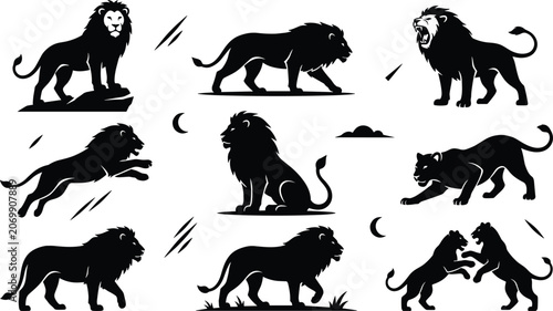 Принти на полотні Black Lion Silhouette Vector Set with Wild African Animal Poses Roaring Jumping