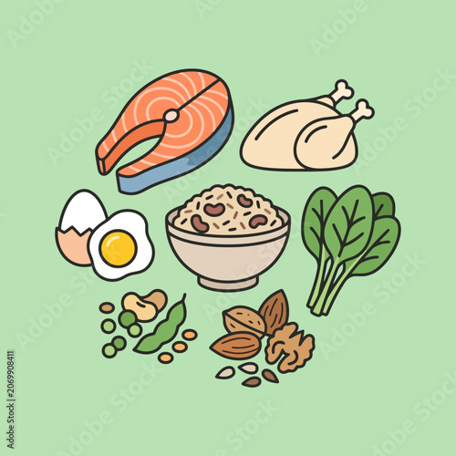 Obraz na plátně A collection of healthy food items arranged on a green background