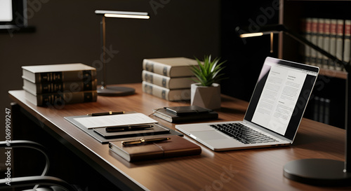 Modern office desk with laptop and books, business concept