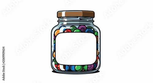 Colorful candies in a glass jar with a brown lid and blank label