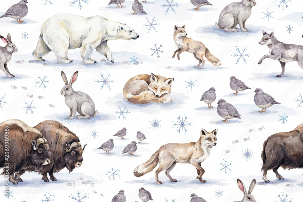 Fototapeta premium A seamless winter pattern featuring watercolor of arctic wildlife including polar bears, foxes, hares, musk oxen, and small birds