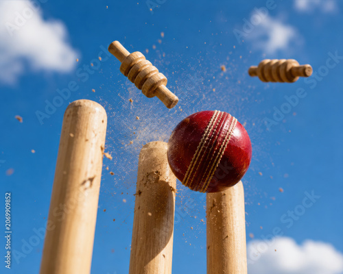 Red cricket ball hitting wooden stumps and bails in a professional game match