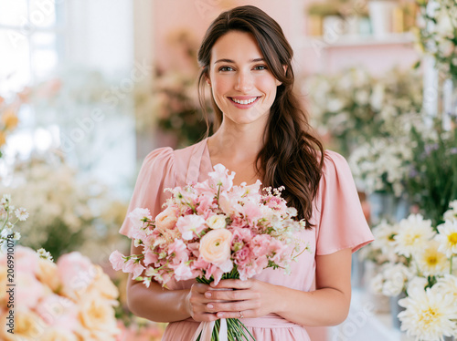 Woman Holding Pink Bouquet in Flower Shop