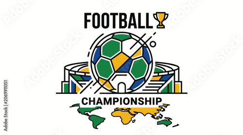 A stylized illustration of a football championship featuring a soccer ball, trophy, stadium, and world map.