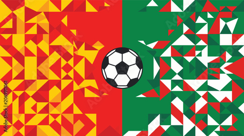 A classic black and white soccer ball is the central focus, set against a vibrant, abstract geometric pattern.