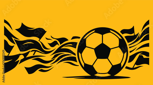A striking graphic featuring a soccer ball prominently displayed with flowing flag-like shapes, all rendered in a bold yellow and black color scheme, conveying energy and movement.