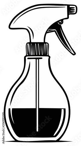 Black and white line art illustration of a classic spray bottle with trigger design