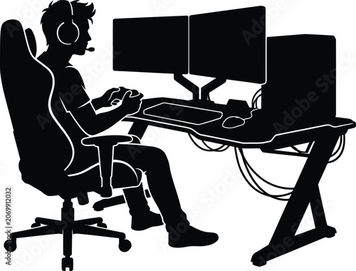 Stylized silhouette of a person playing video games on a futuristic setup