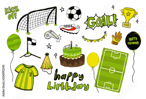 collection of cute watercolor crayon green yellow happy birthday party celebration handdrawn soccer football theme doodle kids illustration element clipart