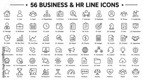 Set of fifty six thin line business and office icons for web and mobile design