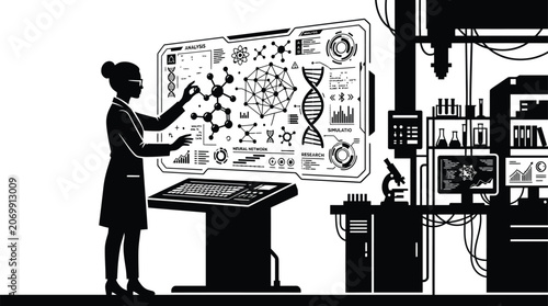 Scientist analyzing holographic data in a futuristic laboratory