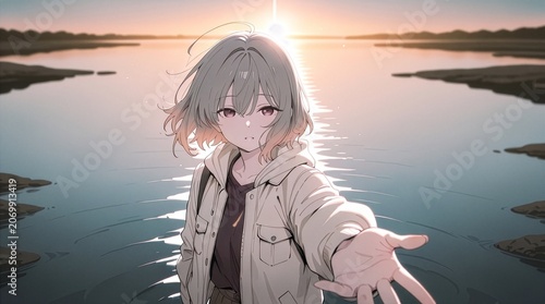 Anime girl reaching out hand at sunset over calm water