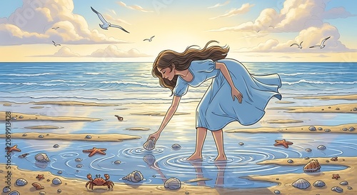 Young girl playing with colorful kite on beach at sunset.