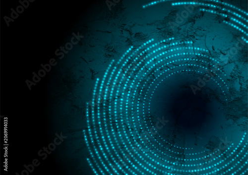 Futuristic geometric tech blue dotted linear circles abstract background. Glowing grunge wall vector design