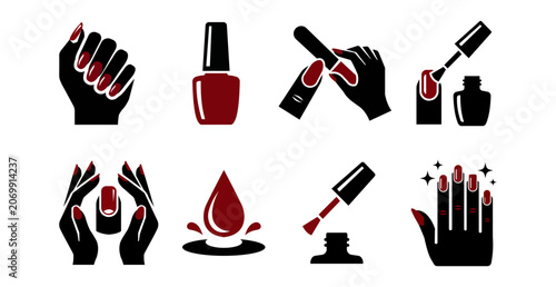 Manicure and nail care vector icons set with hands, nail polish bottle, filing, and brushing tools, flat black and red illustrations of salon beauty procedures, cosmetics, and fashion pedagogy isolate