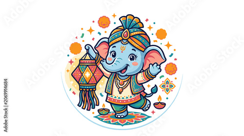 Cute elephant mascot celebrating indian festival with lantern