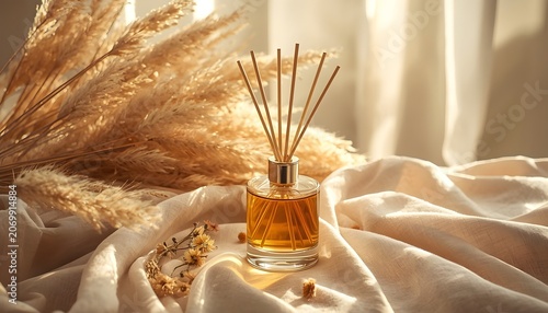 Reed diffuser with pampas grass on linen in warm sunlight