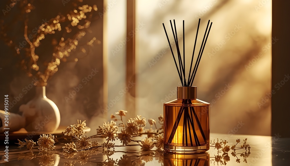 Fototapeta premium Reed diffuser in amber glass bottle with dried flowers in warm golden sunlight